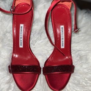 SOLD - Manolo Blahnik Red "Chaos" Strappy Heel with Crystal Beading - Size 36